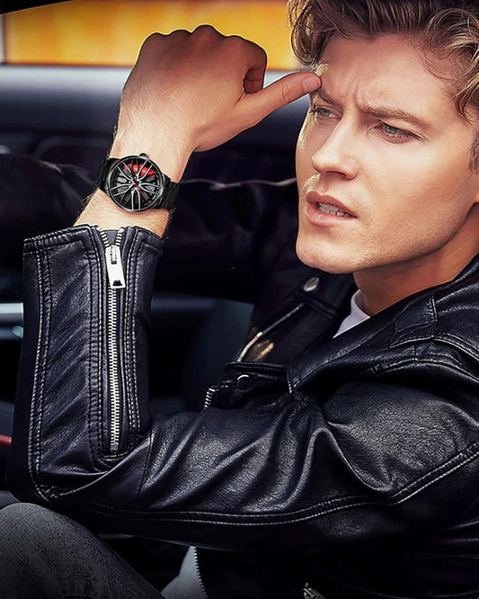 ساعة يد رجالية إبداعية ثلاثية الأبعاد على شكل عجلة سيارة دوارة