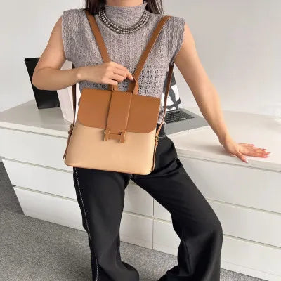 Brown and beige leather women's backpack