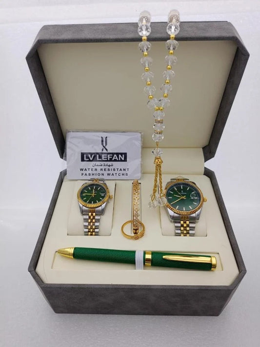 Men's Stainless Steel Set: Watch, Rosary, Pen & Cufflinks